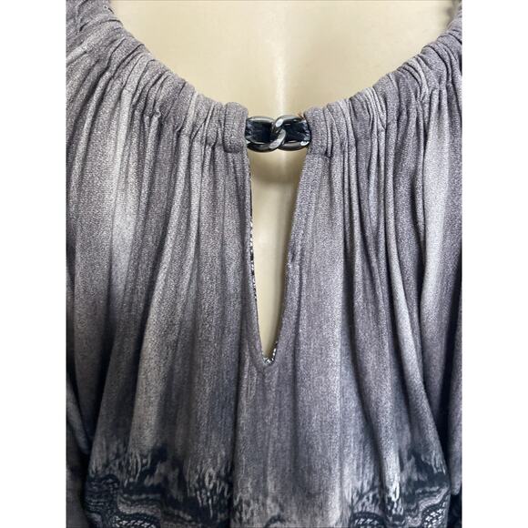 Sky Top Blouse 3/4 Dolman Sleeve Cold Shoulder Gray Chain Neck Geometric M - Picture 5 of 9